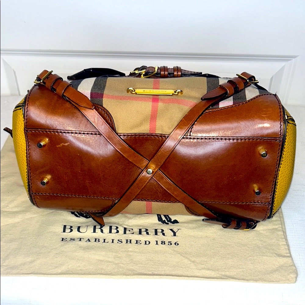 Burberry Gladstone Brown & Yellow House Check Leather Satchel Tote bag lock key - Picture 7 of 17